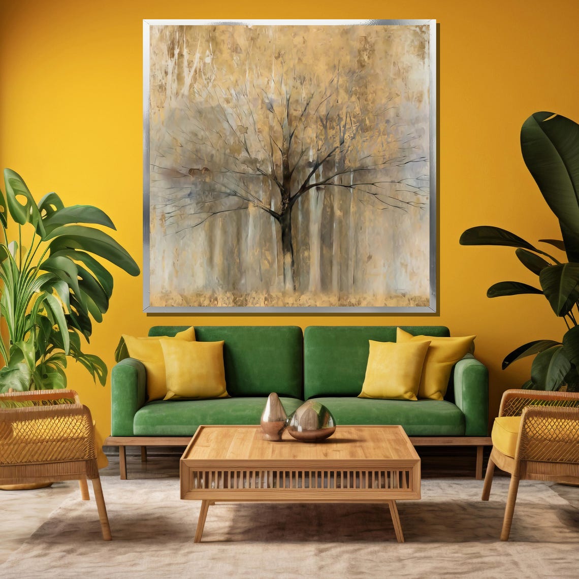 Golden Tree in a Misty Abstract Forest Serene Painting Poster - Image 3