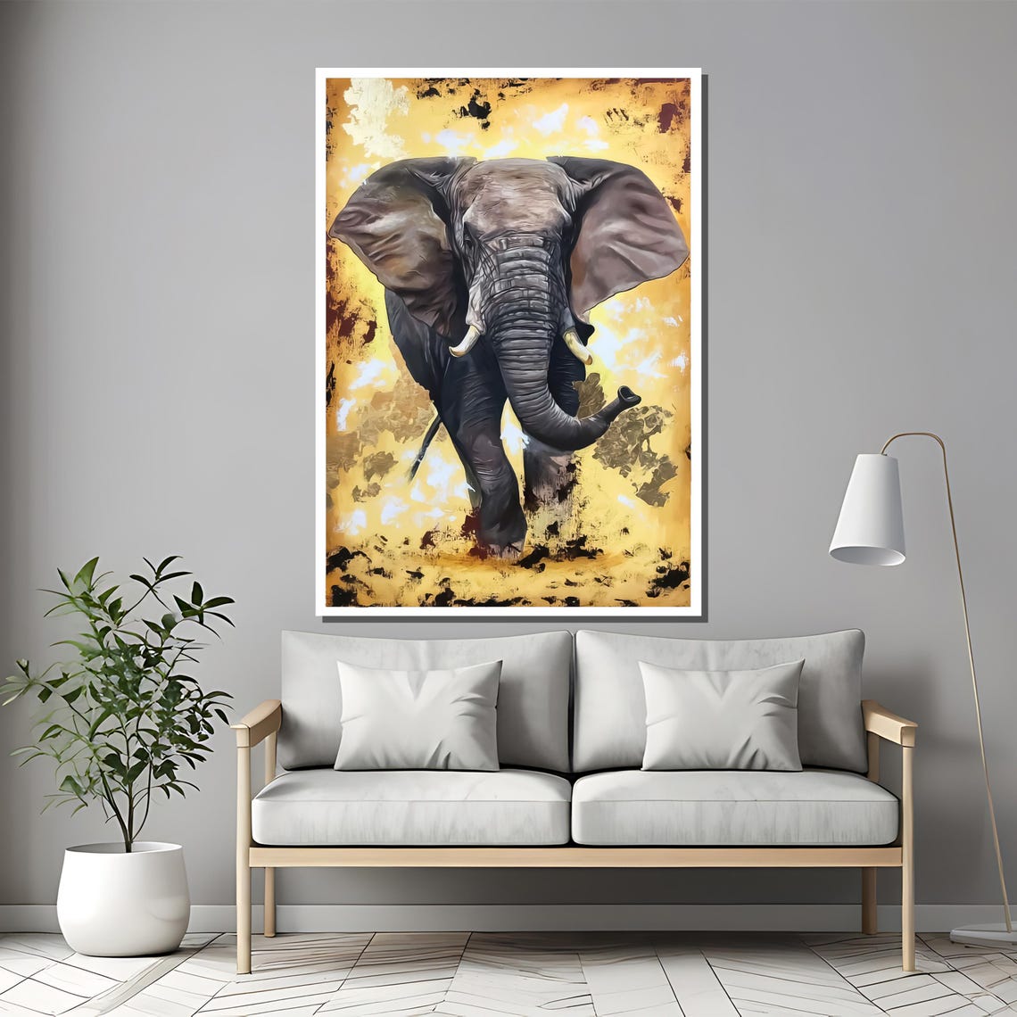 Powerful Charging Elephant On A Golden Abstract Backdrop Poster - Image 2
