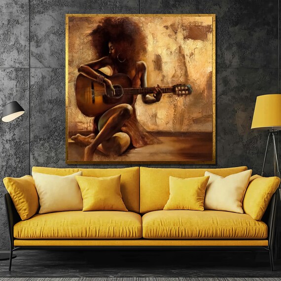 Woman Playing Guitar Warm Afro Acoustic Music Painting Poster