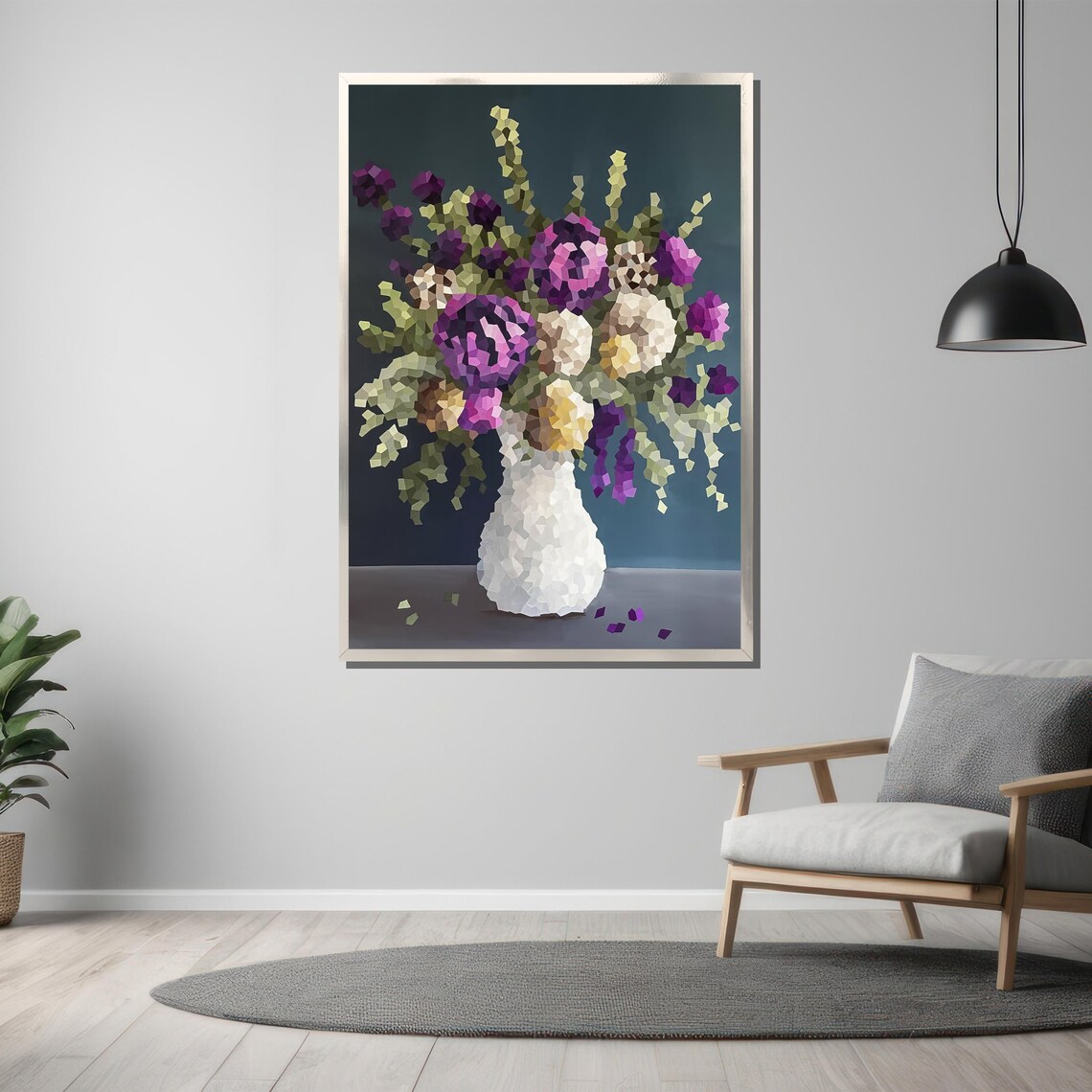 Pixelated Purple Flower Bouquet in a White Vase Modern Art Poster - Image 3