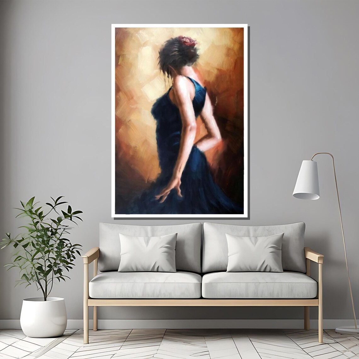 Woman In Navy Dress Warm Orange Abstract Elegant Romantic Art Poster - Image 2