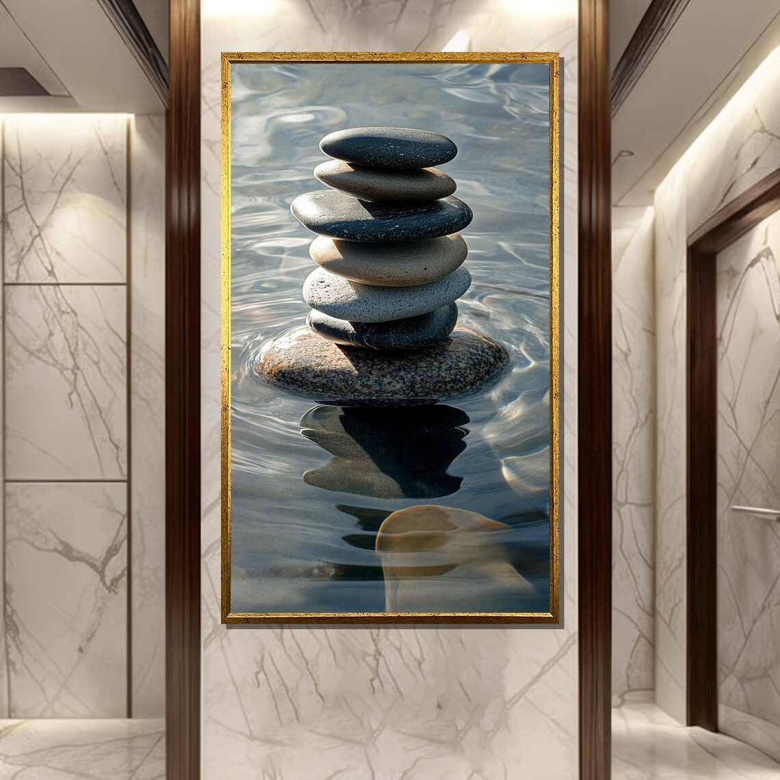 Balanced Cairn of Smooth Stones in Rippling Blue Water Poster