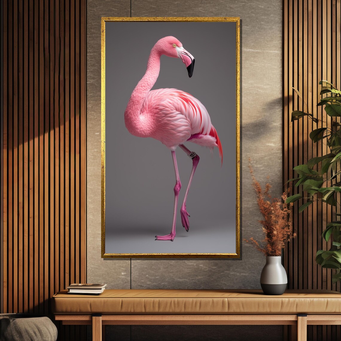 Rosy Grace Pink Flamingo Standing Tall Against Grey Wall Poster - Image 5