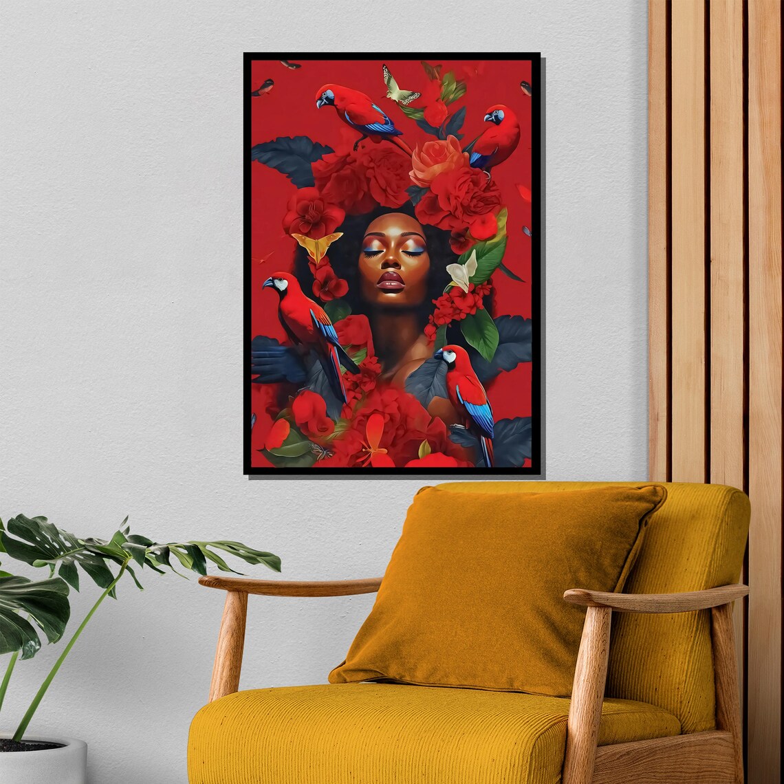African Woman With Red Parrots And Flowers Nature Art Poster - Image 4