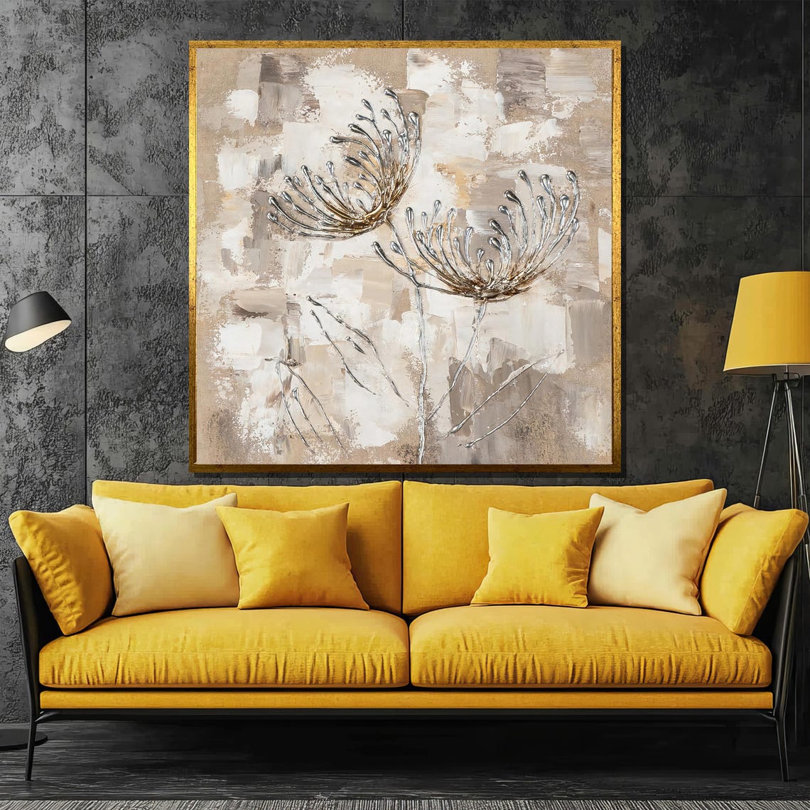 Silver Abstract Dandelion Flowers On Neutral Beige Art Poster