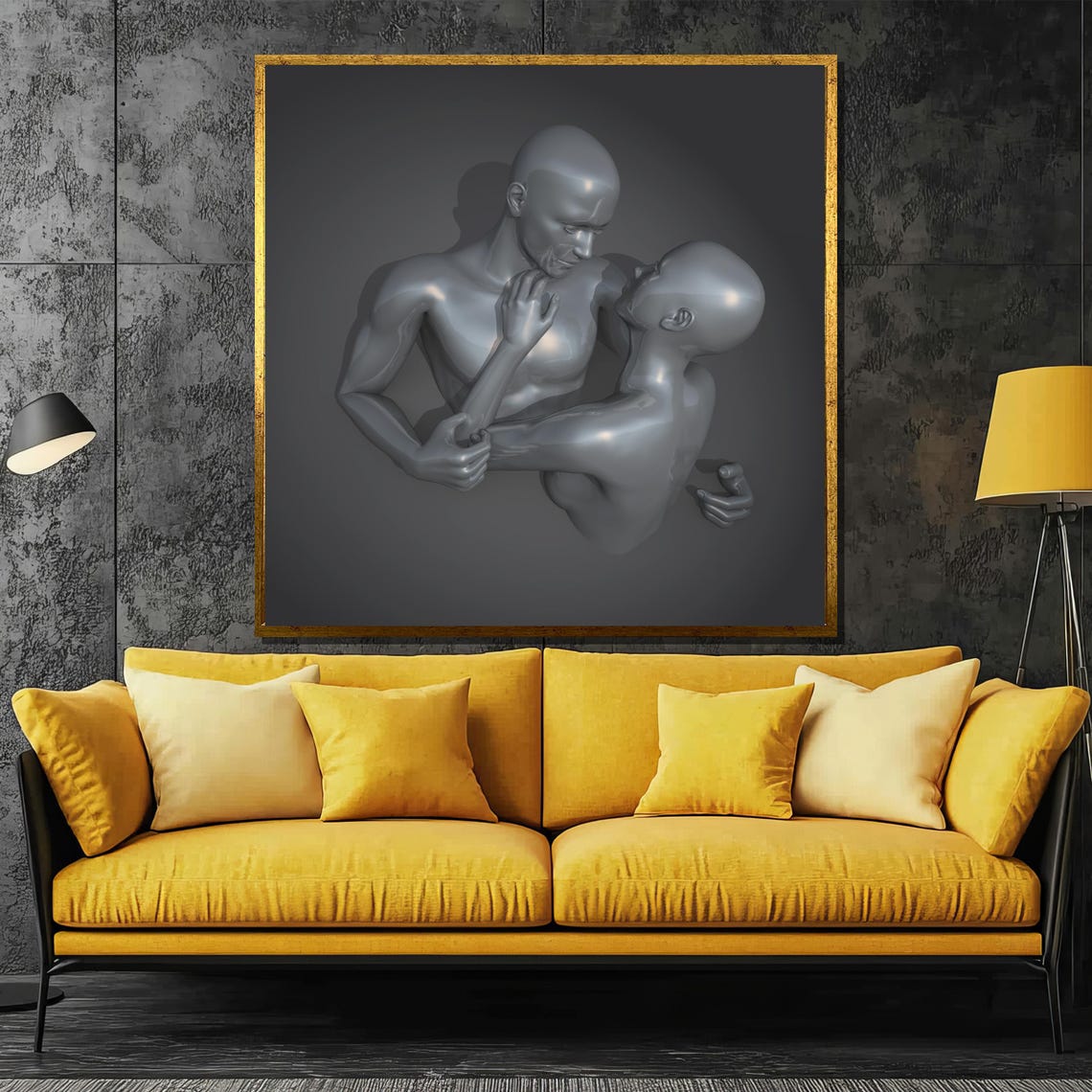 Silver Metallic Lovers Embrace Futuristic Sculpture Art Poster