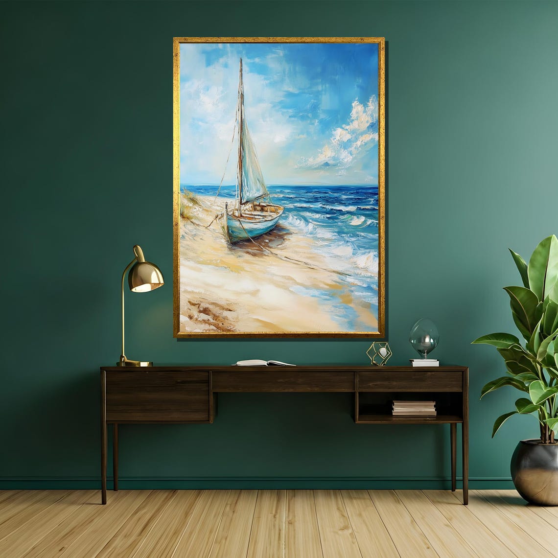 Tranquil Beach Painting With Abandoned Sailboat Coastal Seascape Artwork For Nautical Themed Wall Decor Gift - Image 5