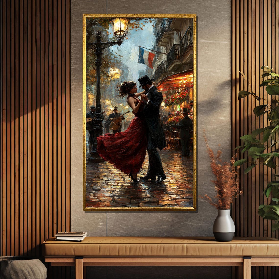 Couple Dancing On Rainy Paris Street French Flag Night Art Poster - Image 5