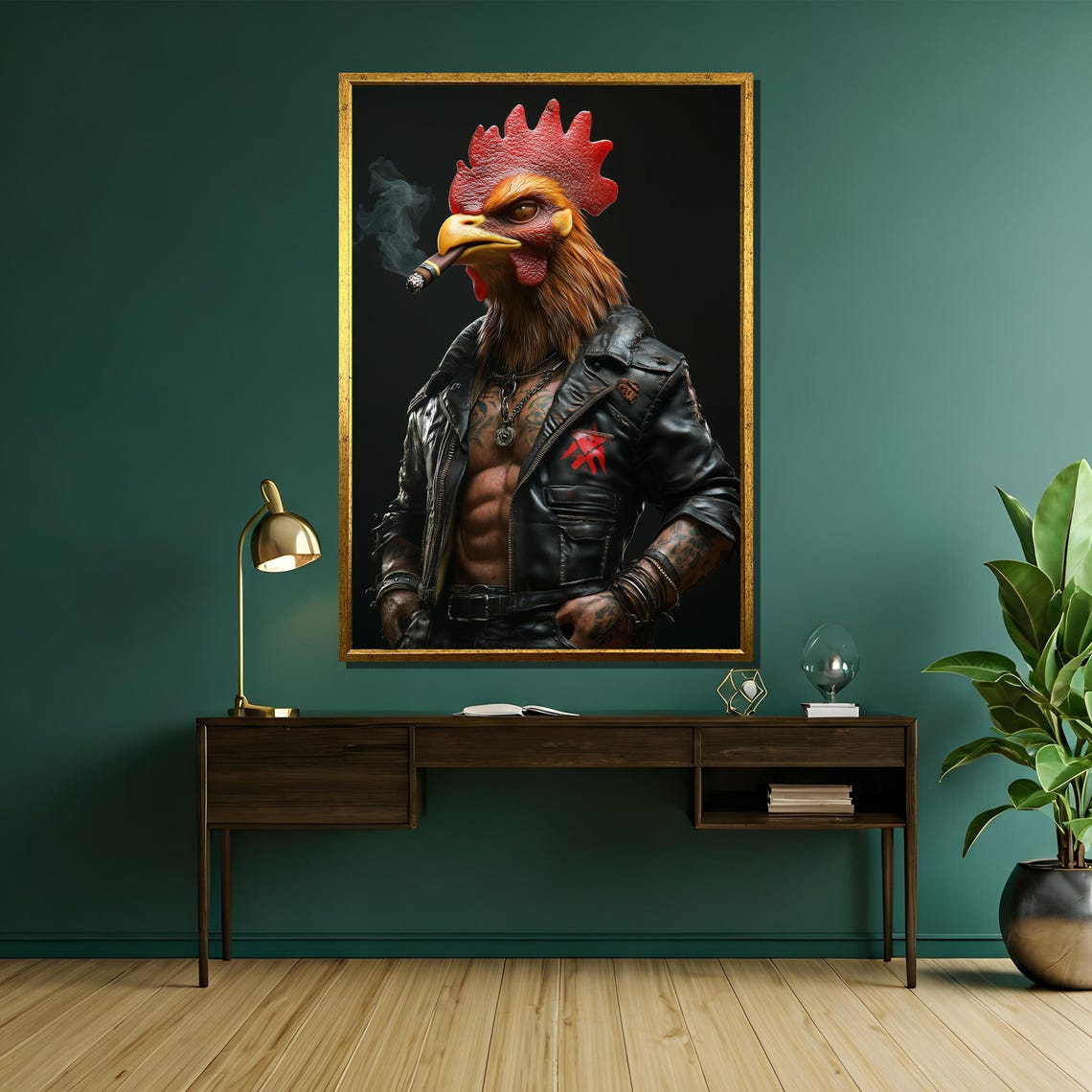 Badass Rooster in a Leather Jacket Smoking a Cigar Art Poster - Image 5