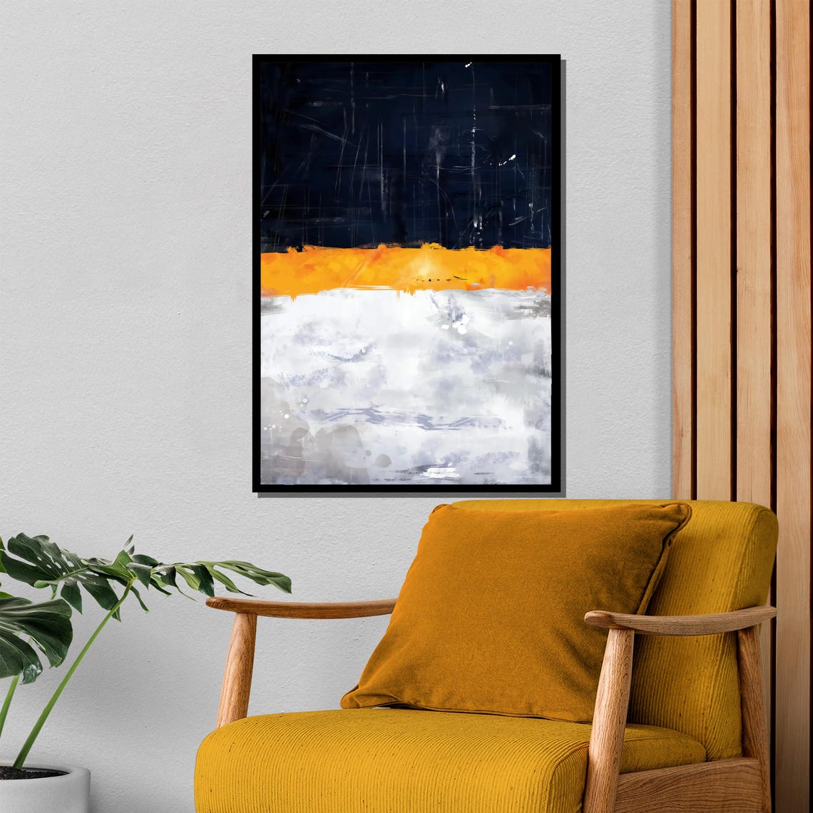 Abstract Horizon Painting Striking Blend Of Deep Blue Bold Orange And Soft White For A Modern Art Gift And Home Decor - Image 4
