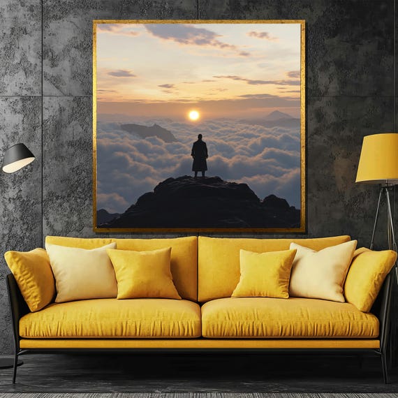 Wanderer Above The Clouds Painting Majestic Sunset Mountain Art Inspirational Landscape Decor Gift For Dreamers