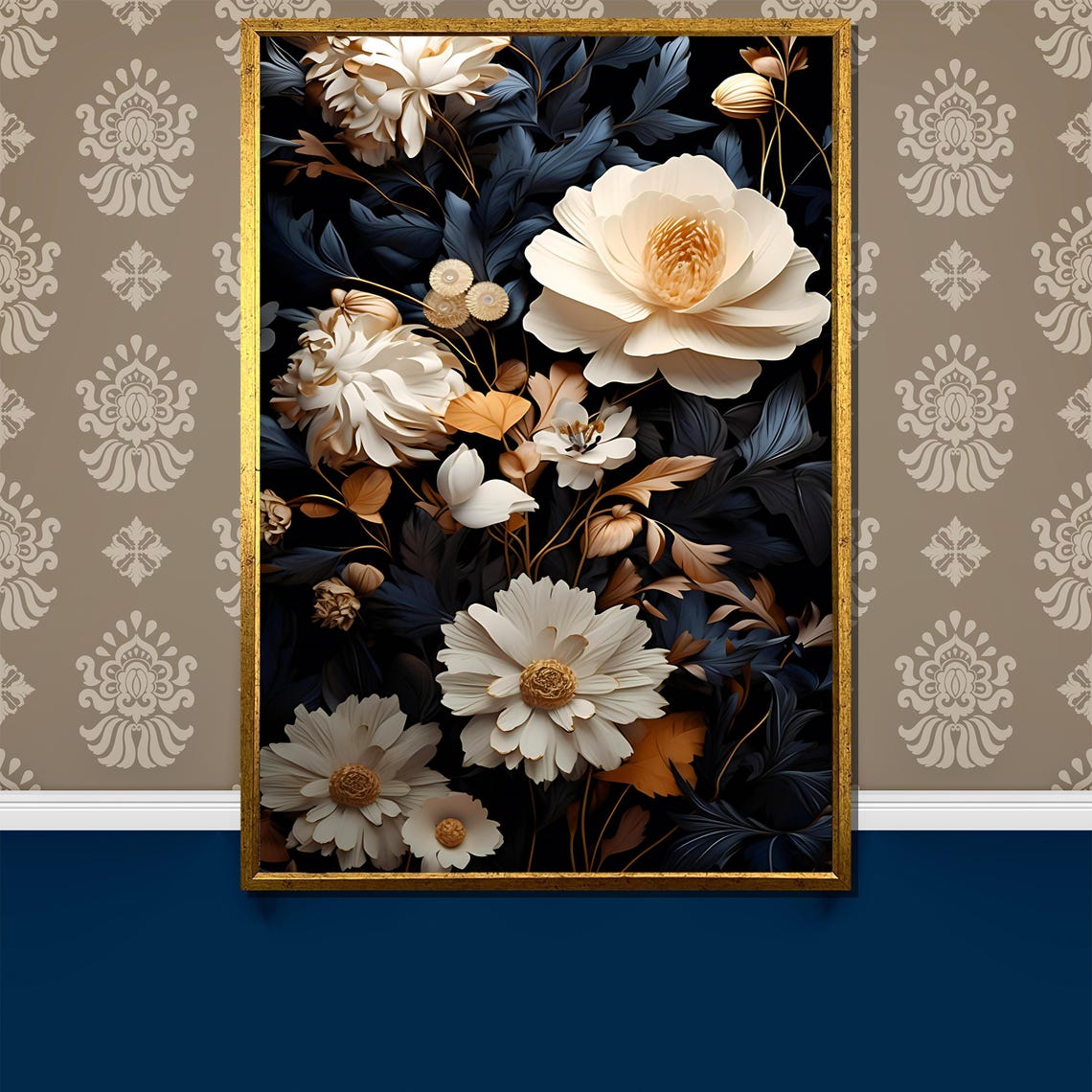 Cream Flowers with Navy Foliage on a Black Background Poster