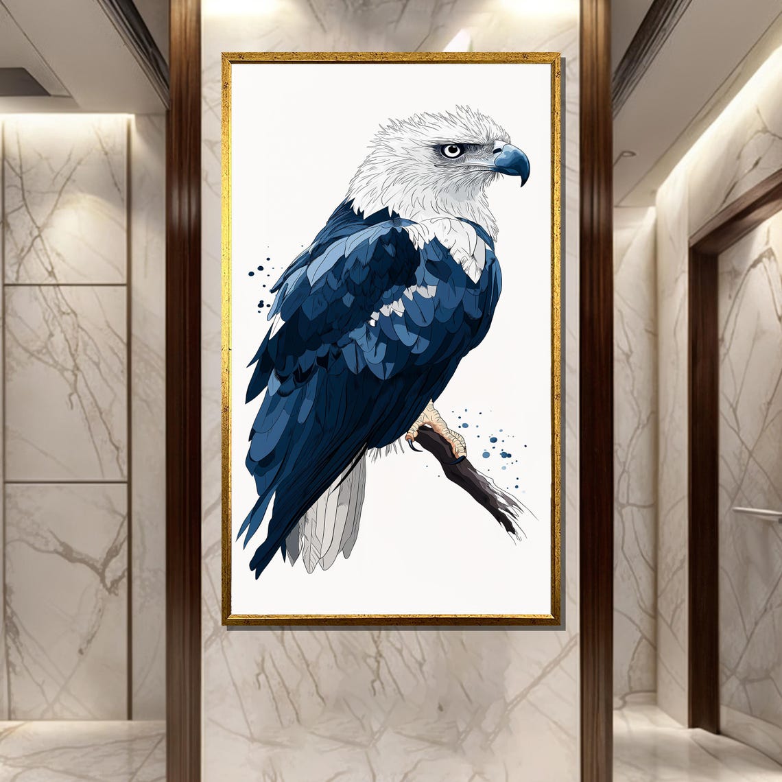 Indigo Majesty Blue and White Eagle Perched Watercolor Art Poster