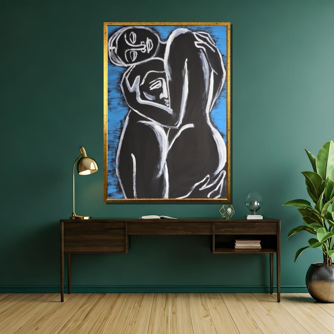Minimalist Blue And Black Abstract Embrace With White Line Art Poster - Image 5
