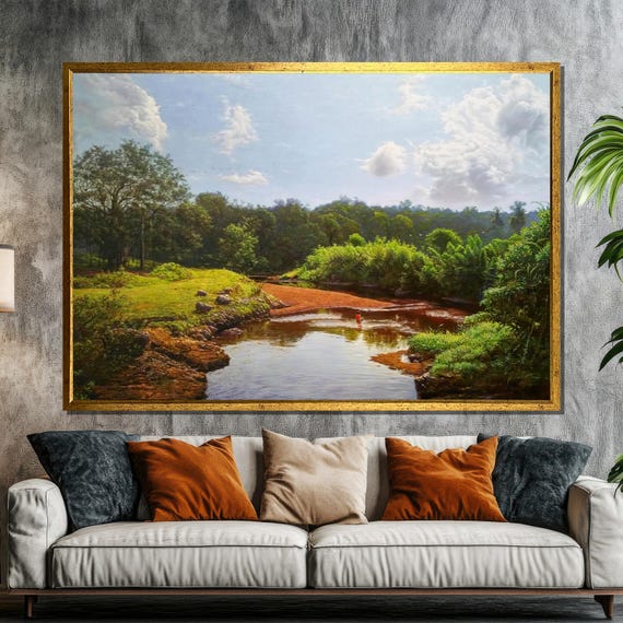 Tranquil River Landscape Painting Serene Greenery And Reflections Perfect Nature Inspired Gift For Home Decor