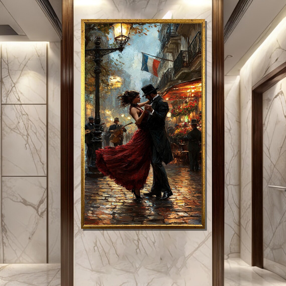 Couple Dancing On Rainy Paris Street French Flag Night Art Poster