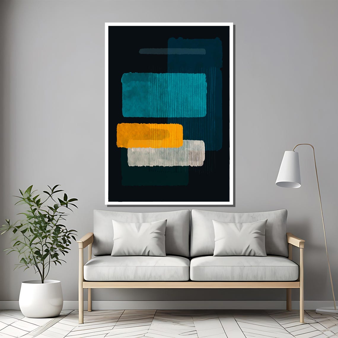 Rothko Style Teal Mustard And White Geometric Blocks Abstract Poster - Image 2