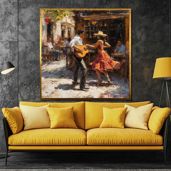 Sunlit Spanish Street Guitarist and Dancer Cafe Scene Art Poster