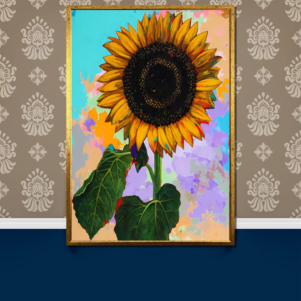 Bold Sunflower Close Up on a Colorful Abstract Background Poster