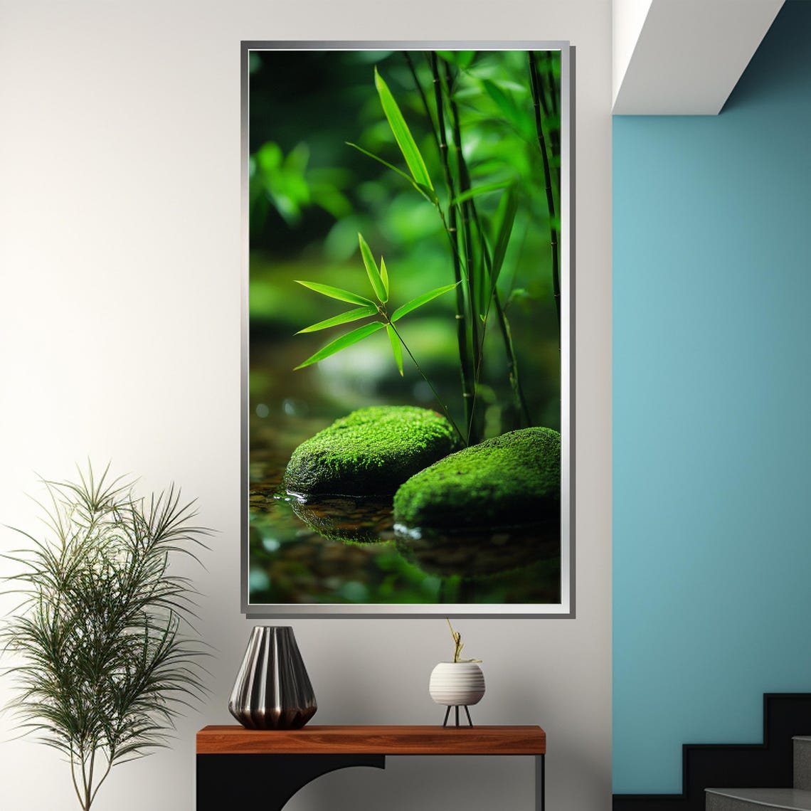 Moss-Covered River Stones Beneath Fresh Bamboo Shoots Poster - Image 3