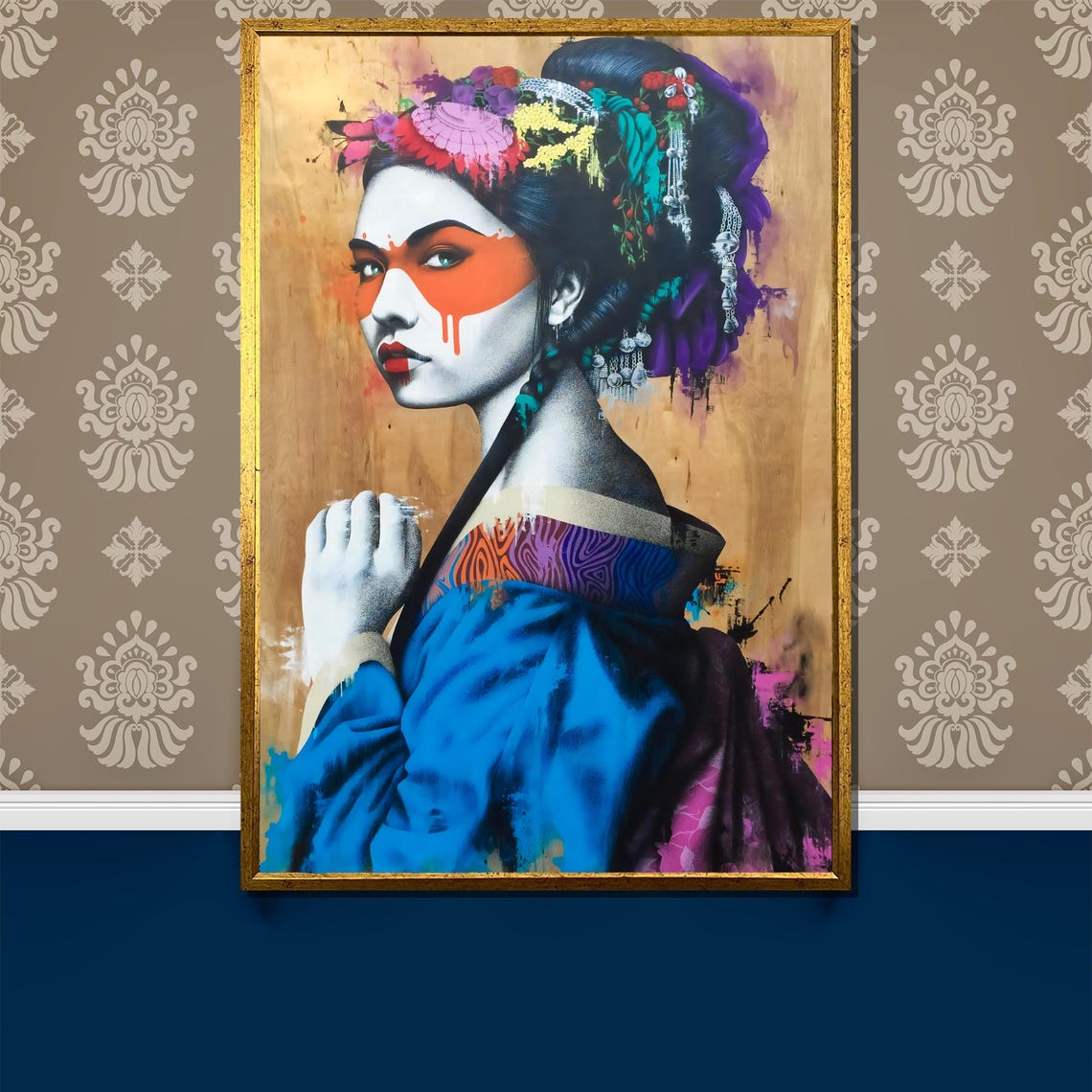 Modern Geisha With Orange Face Paint Pop Art Portrait Poster