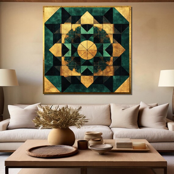 Emerald Green and Gold Geometric Mandala Kaleidoscope Poster