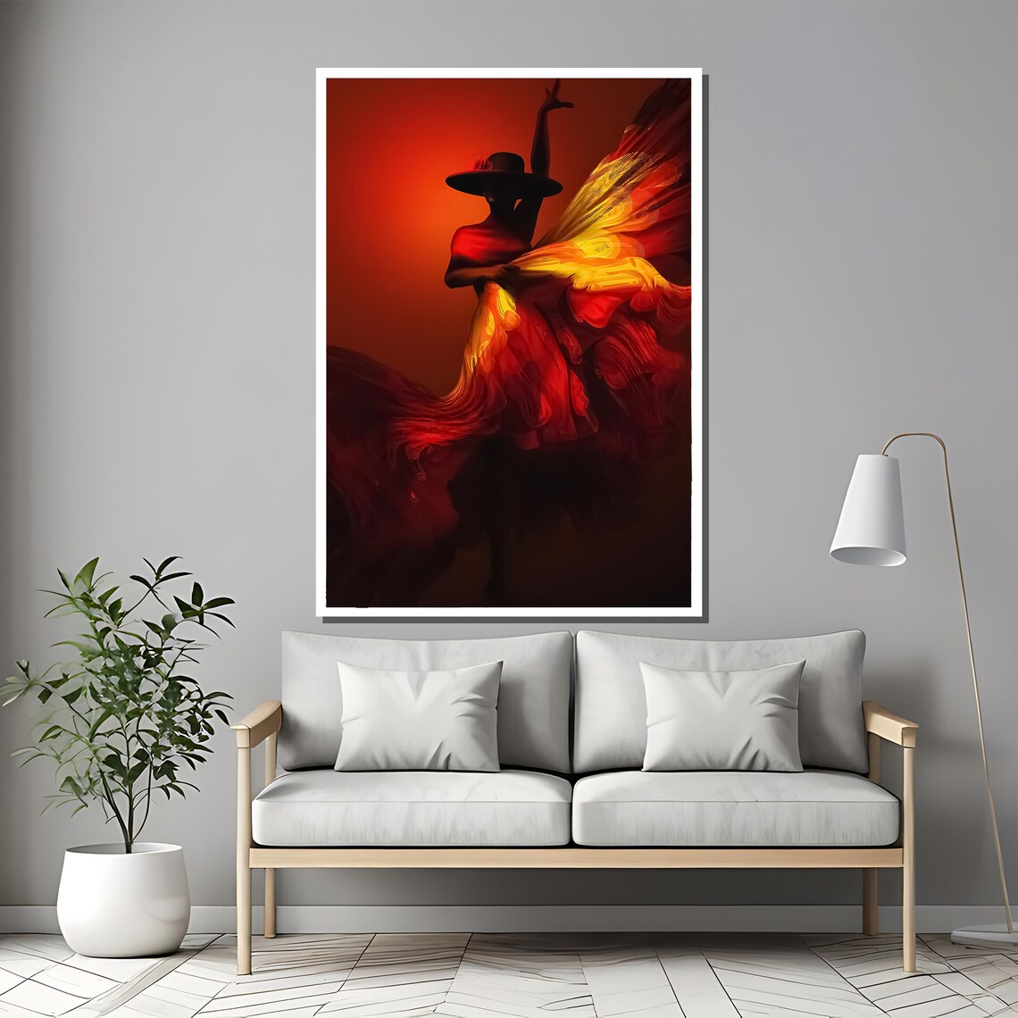 Fiery Flamenco Dancer in Red Yellow Dress Silhouette Painting Poster - Image 2