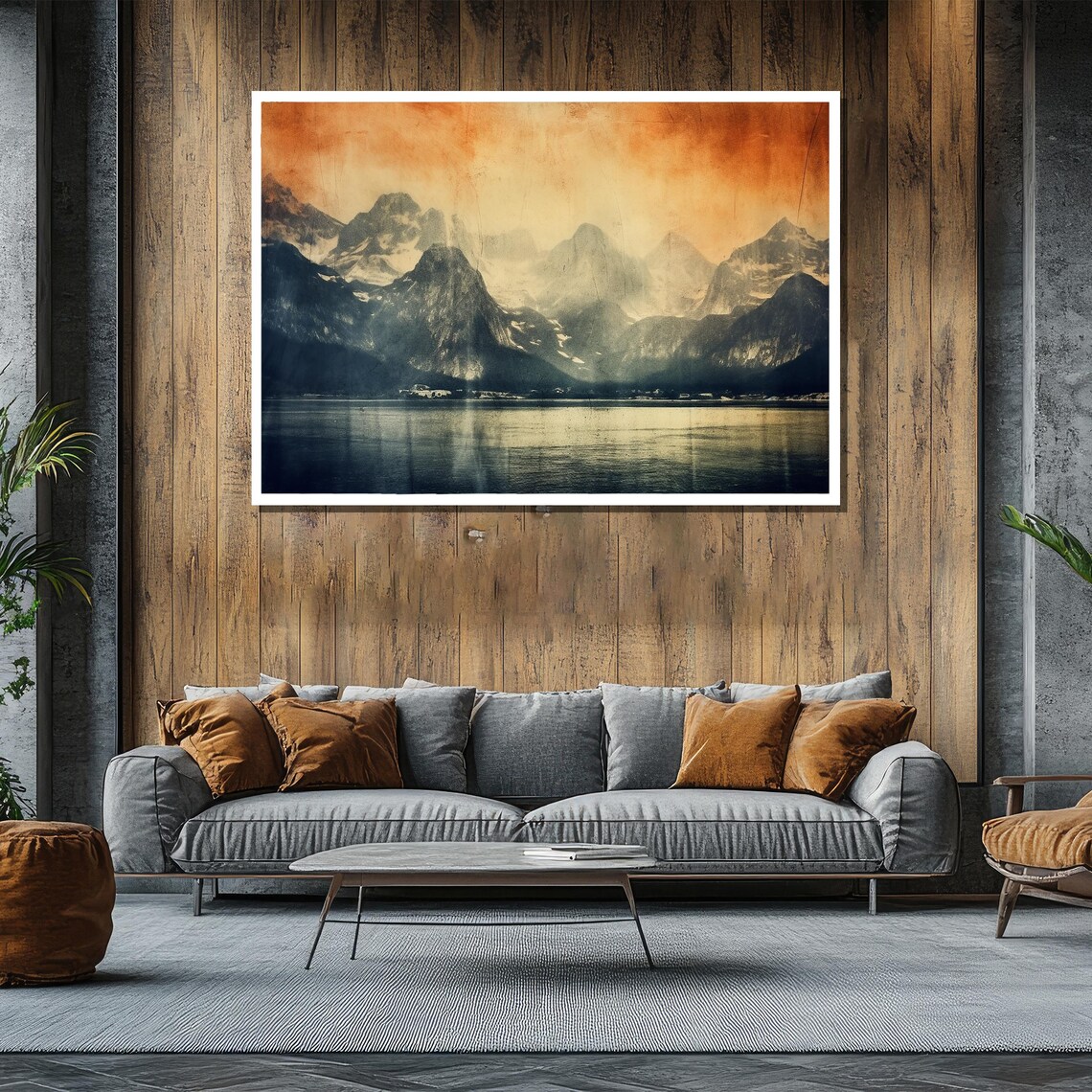 Vintage Sepia Mountain Lake With Rugged Peaks Retro Landscape Poster - Image 2
