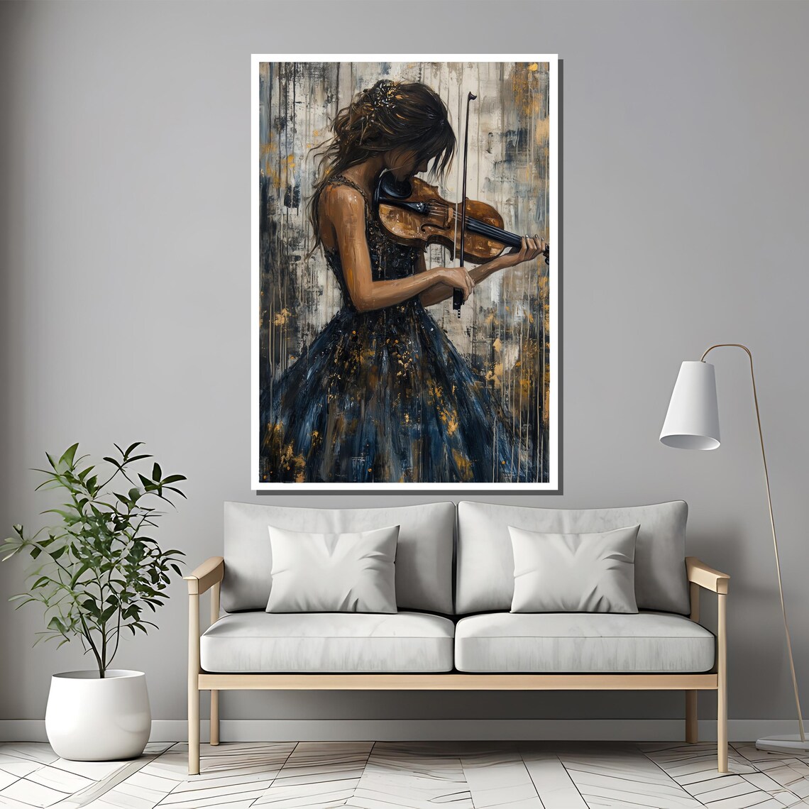 Violinist Woman in Dark Gown with Gold Accents Painting Poster - Image 2