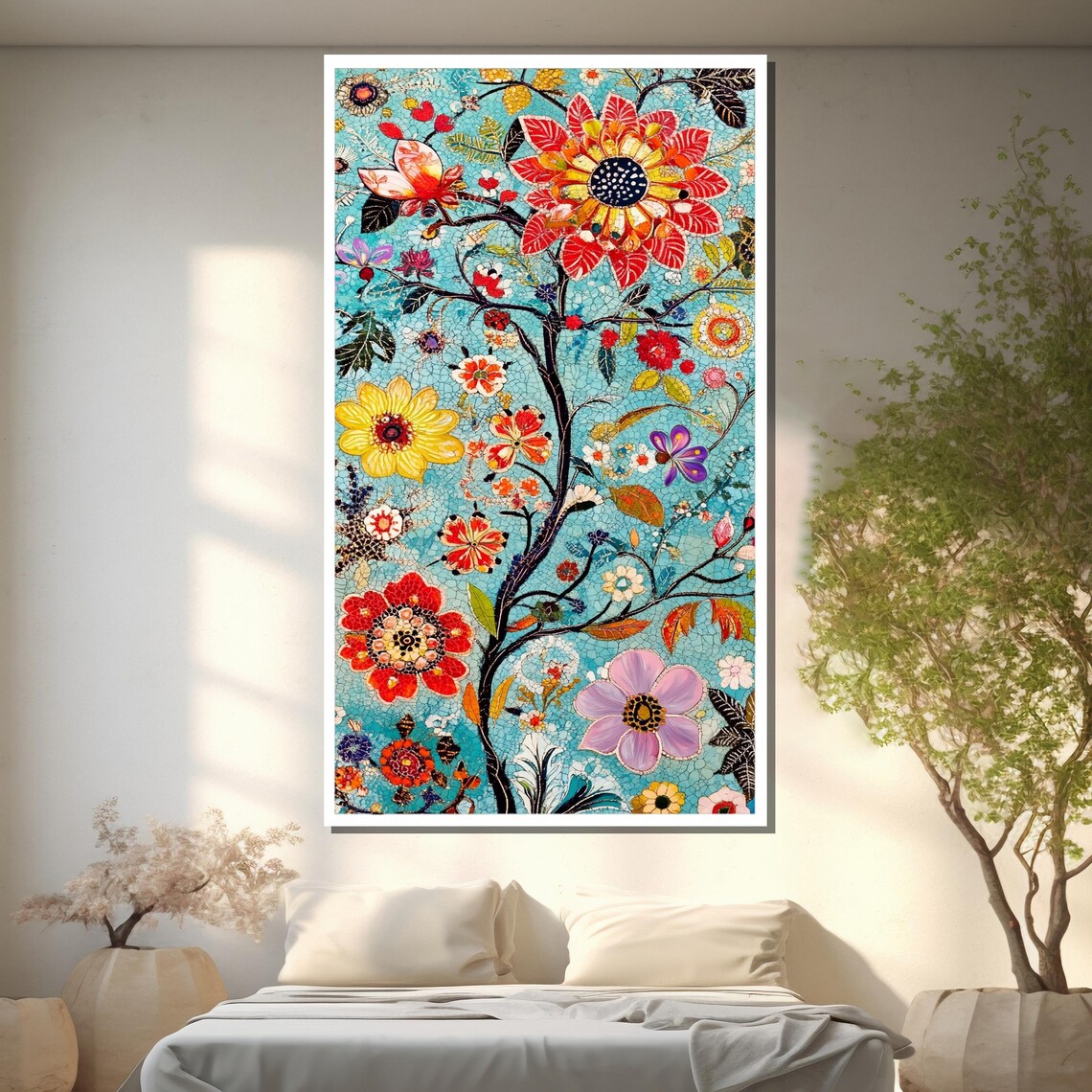 Colorful Floral Tree of Life Mosaic Painting on Turquoise Art Poster - Image 2