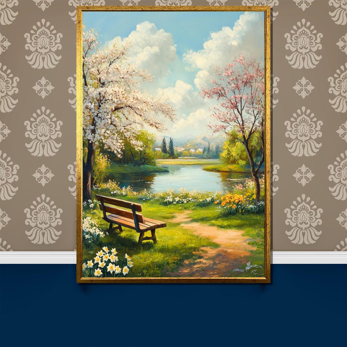 Serene Spring Landscape Painting With Blossoming Trees And Park Bench Peaceful Lakeside Scenery Wall Art For Home Decor Gift