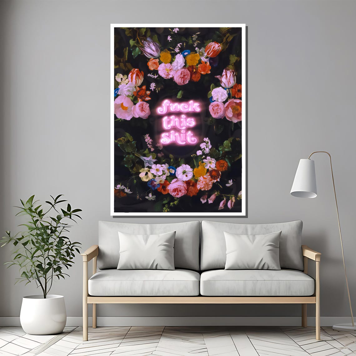 Fuck This Shit Pink Neon Quote Floral Wreath Statement Poster - Image 2