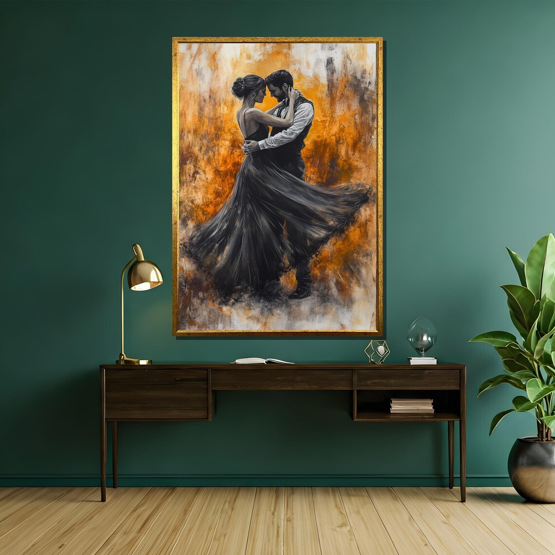 Couple Dancing Embrace Black Gown Fiery Orange Painting Poster - Image 5