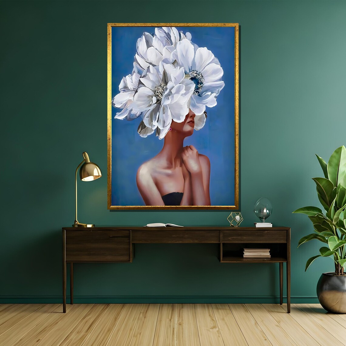Woman With White Flower Headdress On Blue Modern Portrait Poster - Image 5