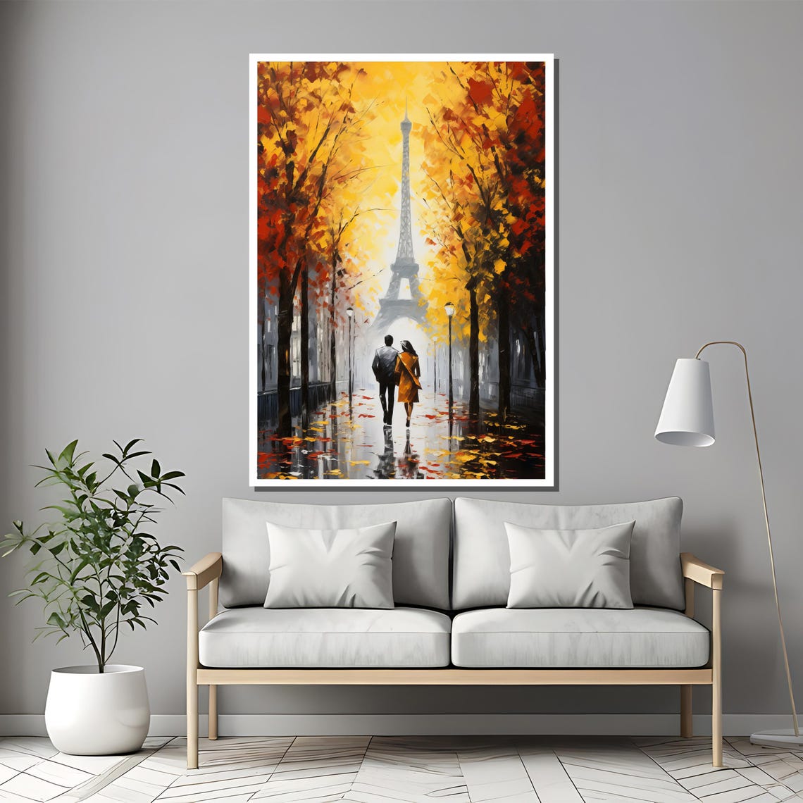 Paris Eiffel Tower Autumn Walk With Couple On Tree Lined Path Poster - Image 2