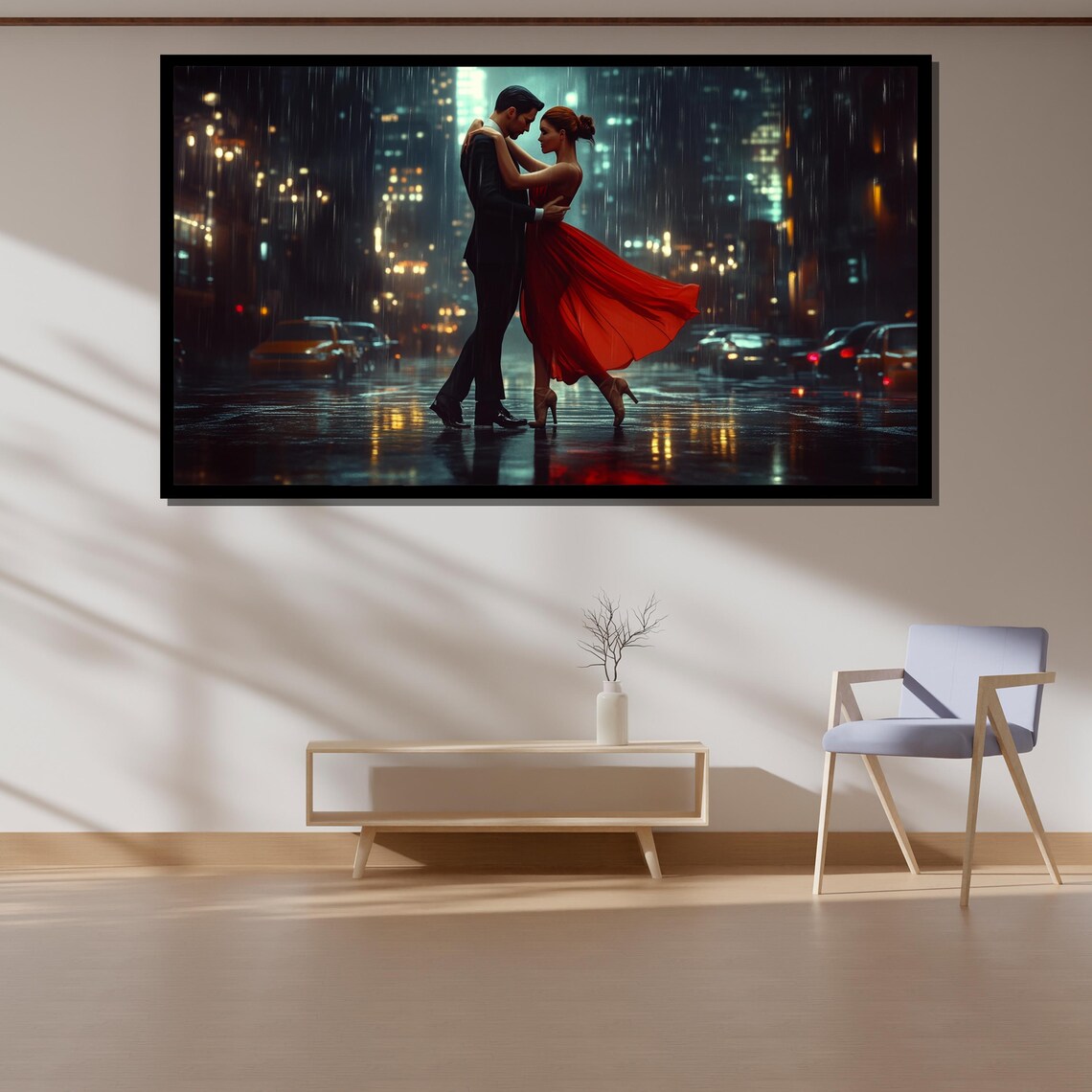 Couple Dancing In Rainy City Night Red Dress Romantic Art Poster - Image 4
