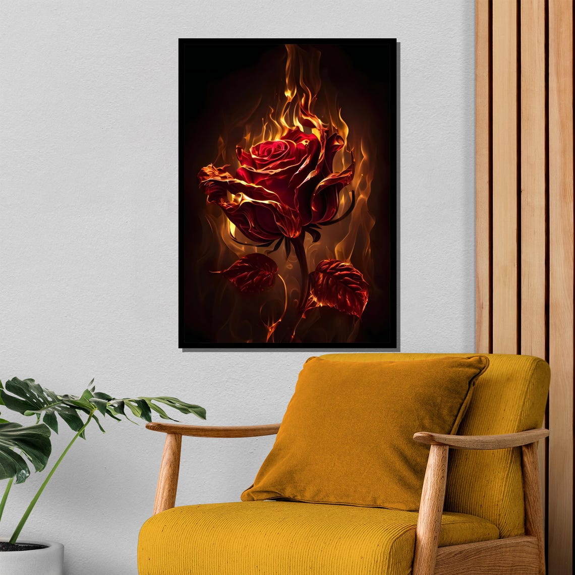 Flaming Red Rose On Dark Black Background Dramatic Flower Poster - Image 4