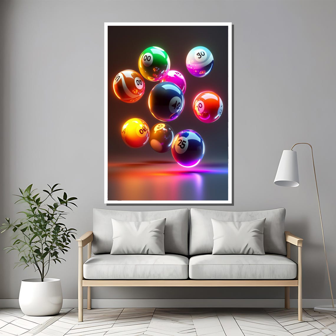 Neon Billiard Balls Glowing in Dark Futuristic 3D Art Poster - Image 2