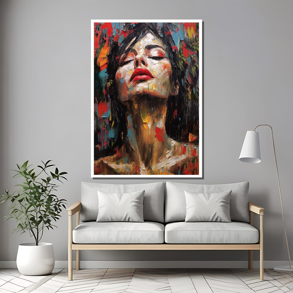 Impasto Woman Face With Crimson Lips Textured Emotion Poster - Image 2