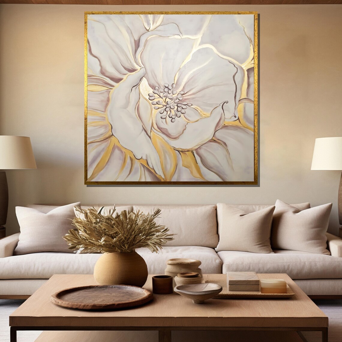 Cream Flower with a Golden Swirl Center Abstract Painting Poster - Image 5