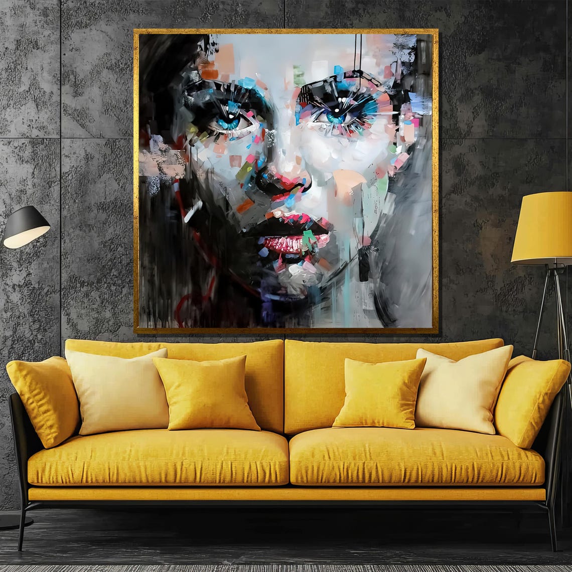 Fragmented Abstract Woman Face in Blue and Red Impasto Poster