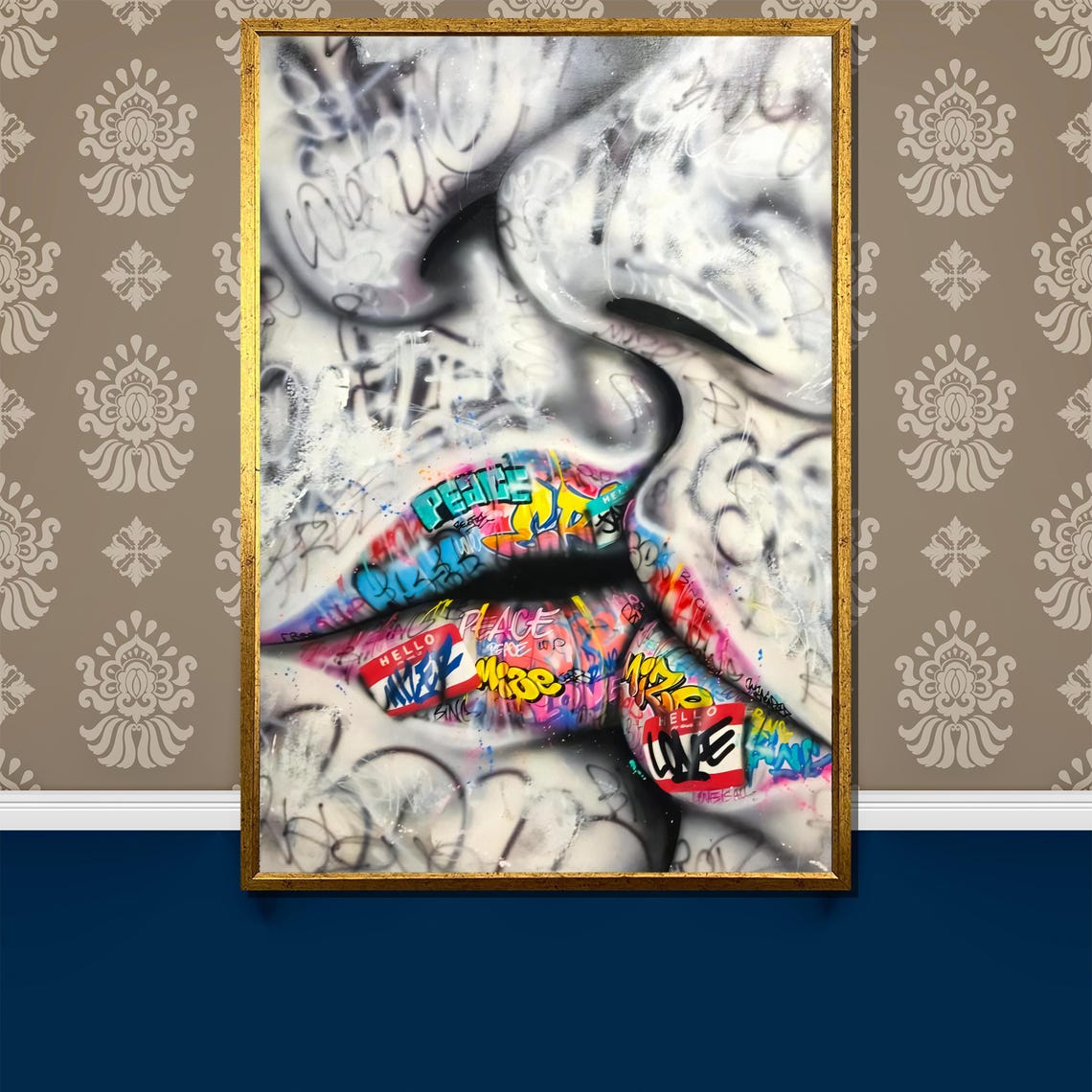 Graffiti Lips Peace Close Up On Marble Face Street Art Poster