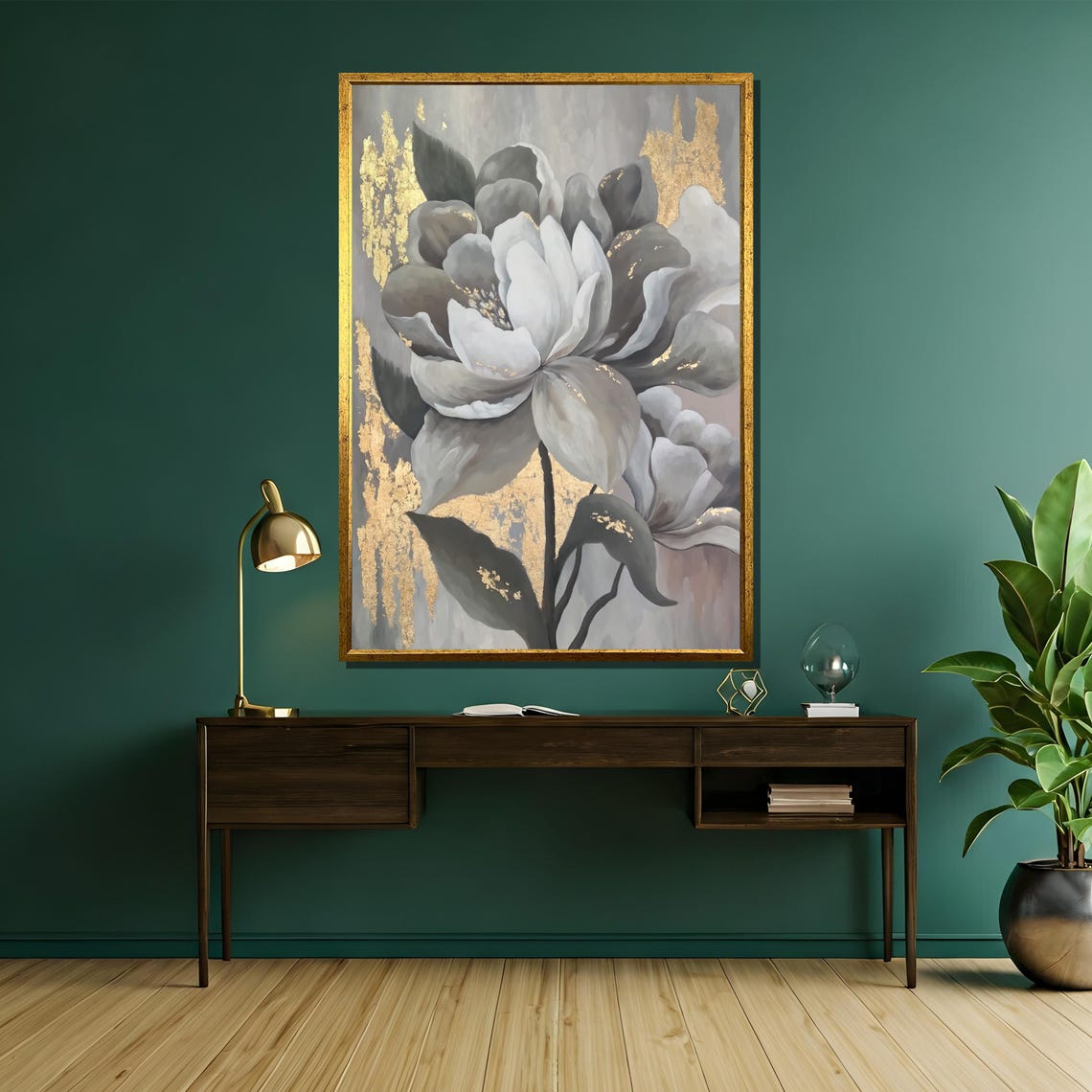 Gray White Floral With Gold Leaf Accents Elegant Botanical Poster - Image 5