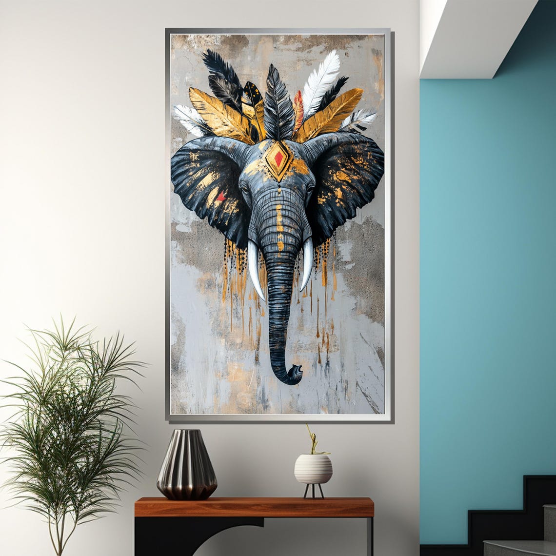 Tribal Crown Boho Elephant With Feather Headdress Ethnic Art Poster - Image 3