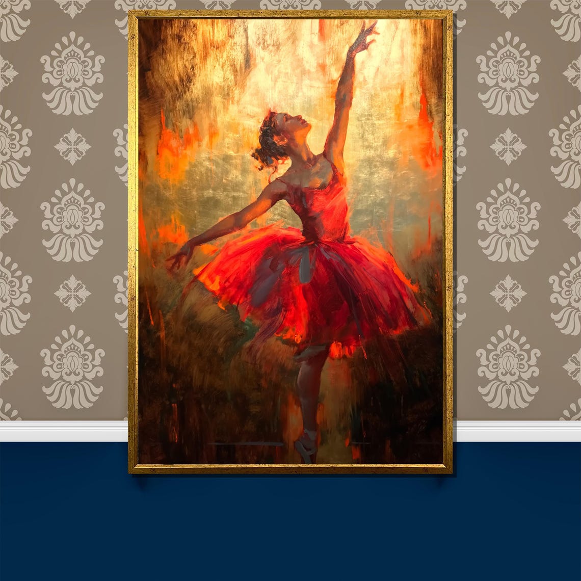 Glowing Red Ballerina in Golden Light Radiant Dance Art Poster