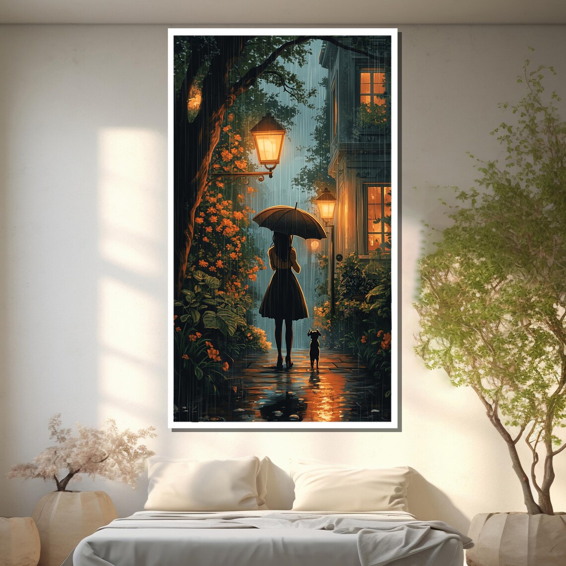 Rainy Night Street Girl With Umbrella And Dog Lamp Light Poster - Image 2