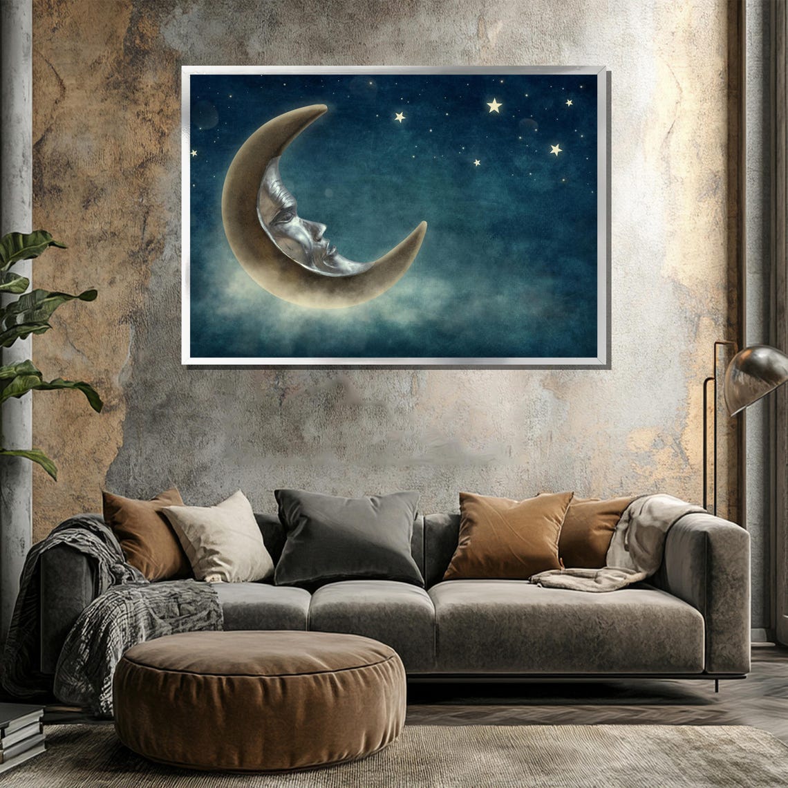 Vintage Crescent Moon Face Among Stars Celestial Night Sky Poster - Image 3