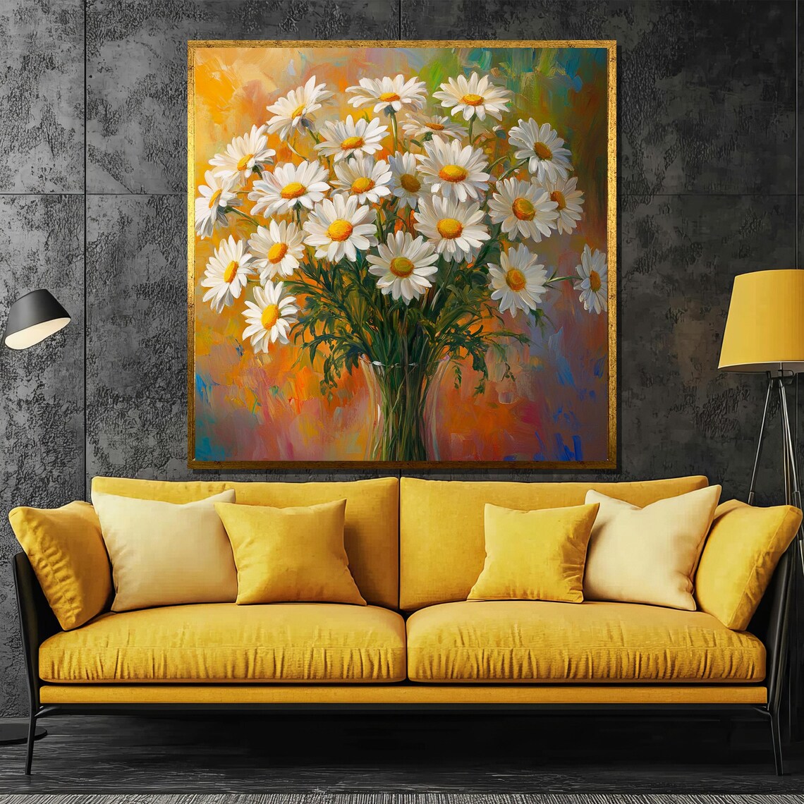 White Daisies Bouquet On Orange Abstract Floral Garden Poster