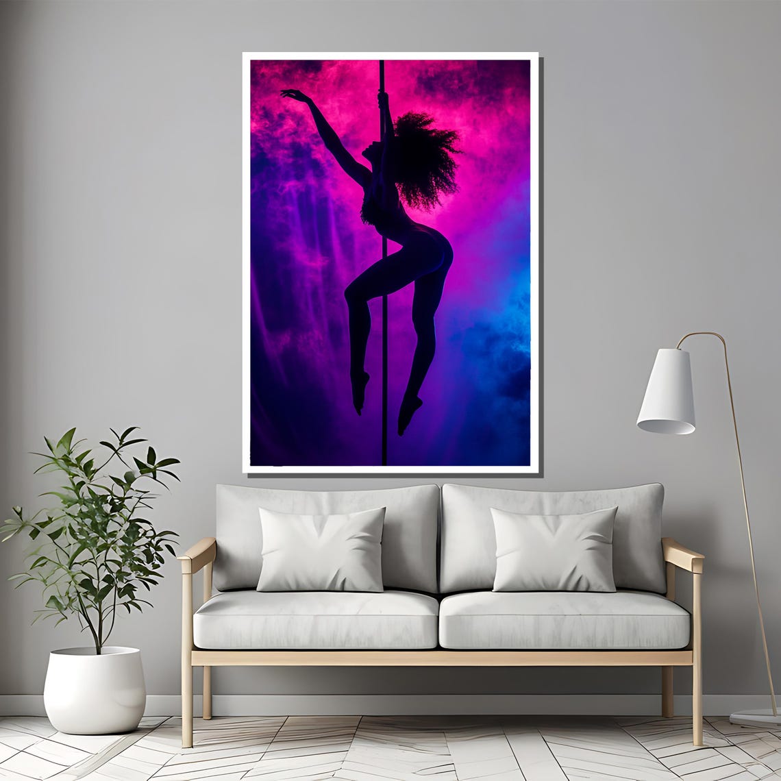 Pole Dancer Silhouette Neon Pink Purple Smoke Night Art Wall Poster - Image 2