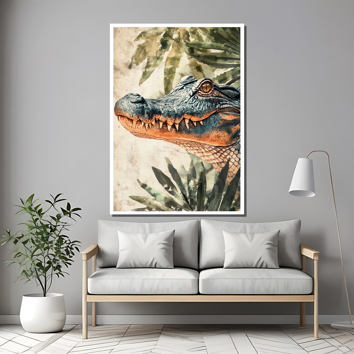 Alligator Watercolor Portrait Jungle Leaves Wildlife Art Poster - Image 2